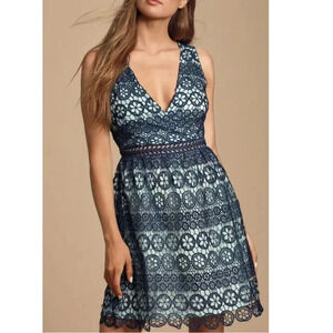 Lulus Forever My Love Navy Blue Crochet Lace Skater Dress Size Large NWT